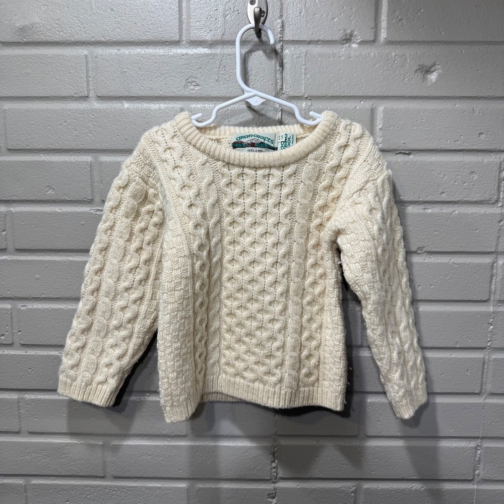 Vintage 90s Arancrafts Irish Merino Wool Cable Knit Sweater Fisherman Kid 4-5 Yr